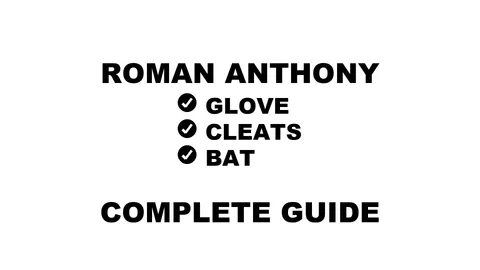 A graphic for the complete guide to Roman Anthony's baseball gear, featuring his name, a silhouette, and a checklist including his glove, cleats, bat, and sunglasses.