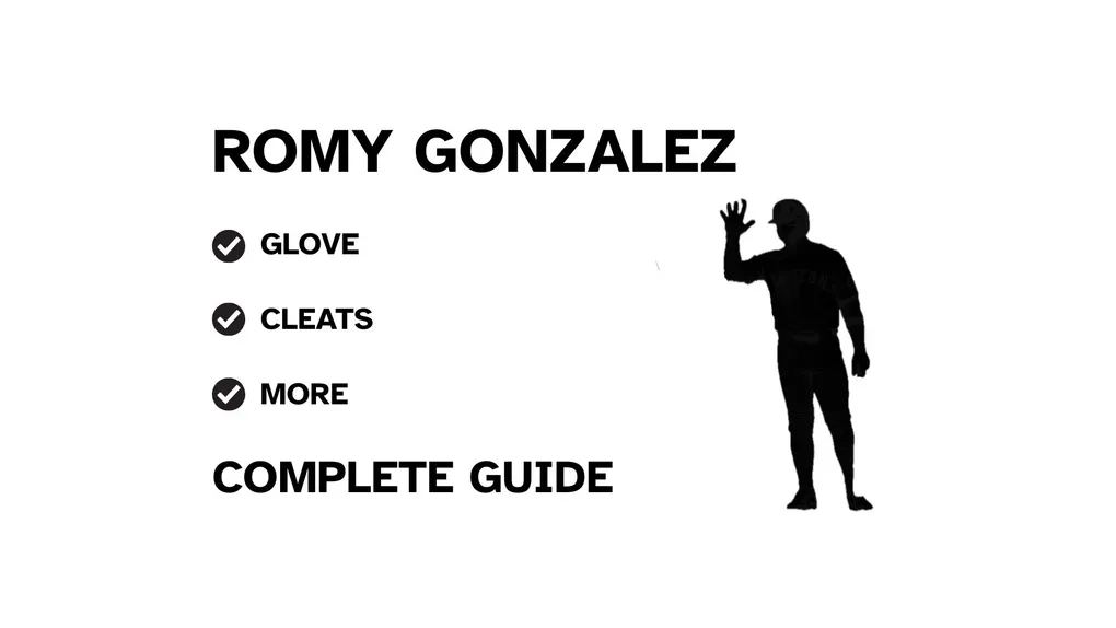 A graphic for the complete guide to Romy Gonzalez's baseball gear, featuring his name, a silhouette of him batting, and a checklist including his glove, cleats, batting gloves, and belt.