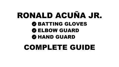 A guide to Ronald Acuña Jr.'s baseball gear, including his batting gloves, guards, sleeve, and wristband.
