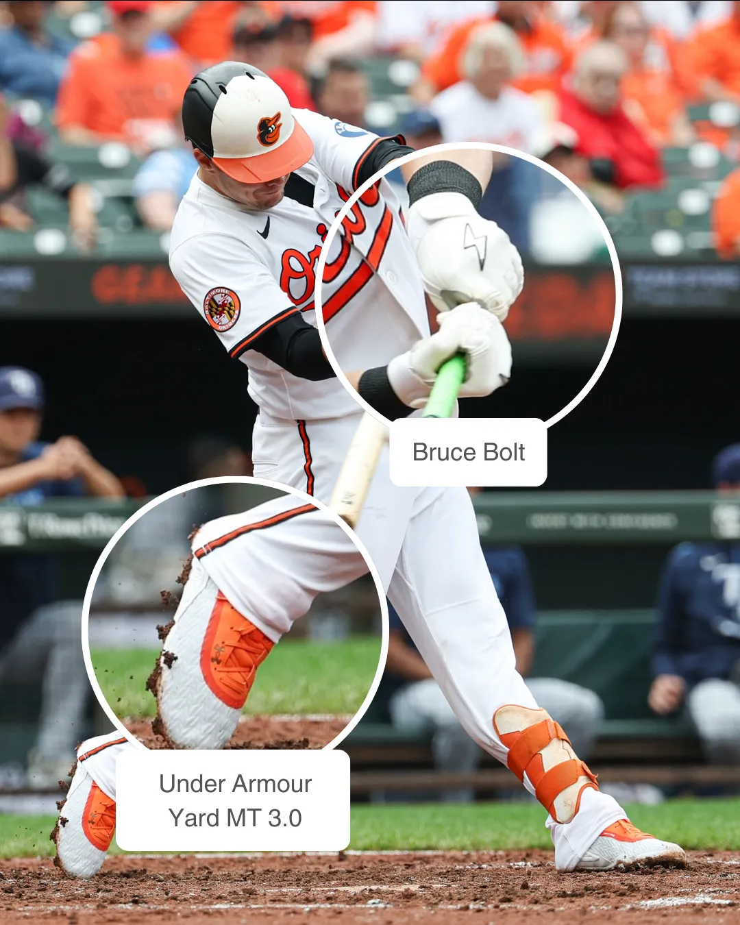 Ryan Mountcastle wearing Bruce Bolt batting gloves and Under Armour UA Yard MT 3.0 cleats