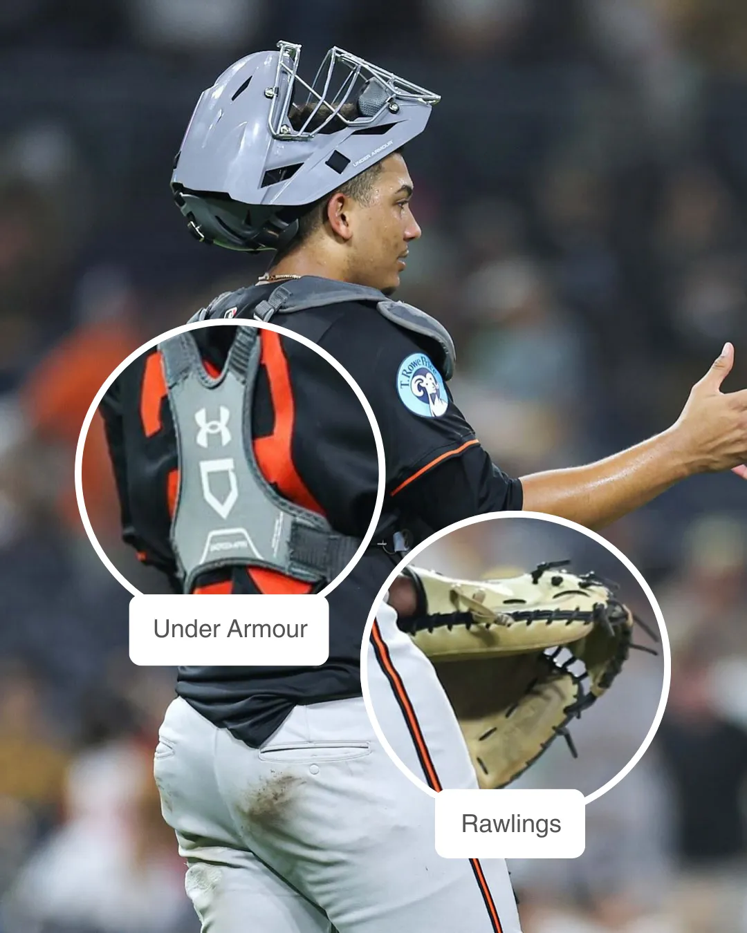 Samuel Basallo wearing Under Armour catcher protector and Rawlings glove