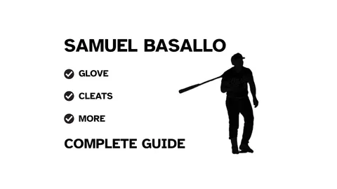 A graphic for the complete guide to Samuel Basallo's baseball gear, featuring his name, a silhouette of him batting, and a checklist including his glove and cleats.