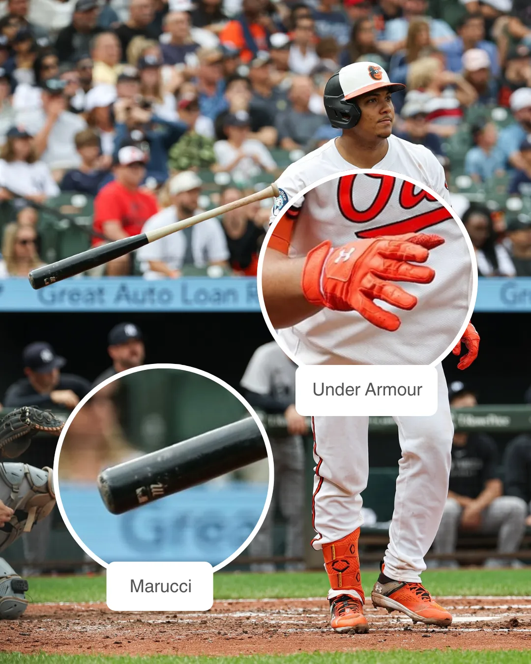 Samuel Basallo wearing Marucci bat, Under Armour batting gloves and cleats