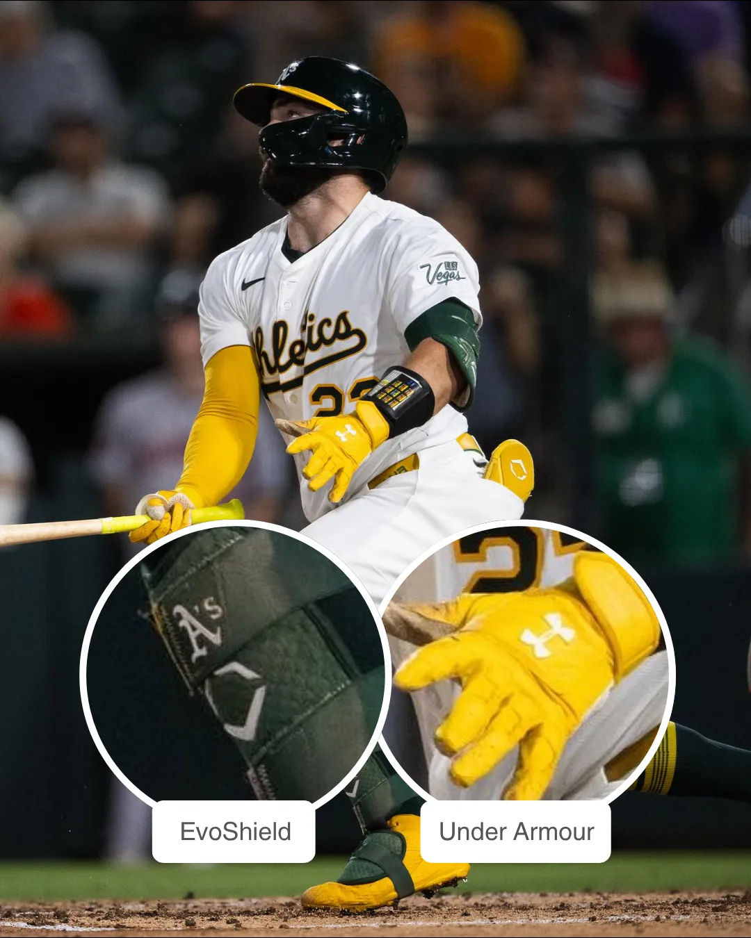 Shea Langeliers showcasing his Under Armour Batting gloves and EvoShield Elbow Guard