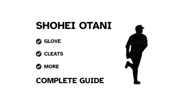 A graphic for the complete guide to Shohei Otani's baseball gear, featuring his name, a silhouette of him batting, and a checklist including his glove and cleats.
