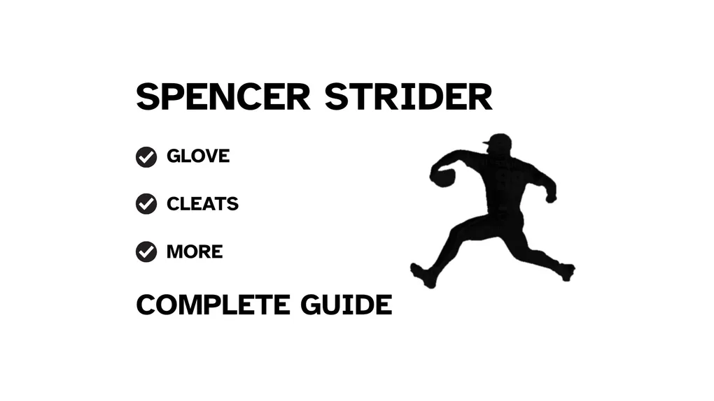 A graphic for the complete guide to Spencer Strider's baseball gear, featuring his name, a silhouette of him pitching, and a checklist including his glove and cleats.