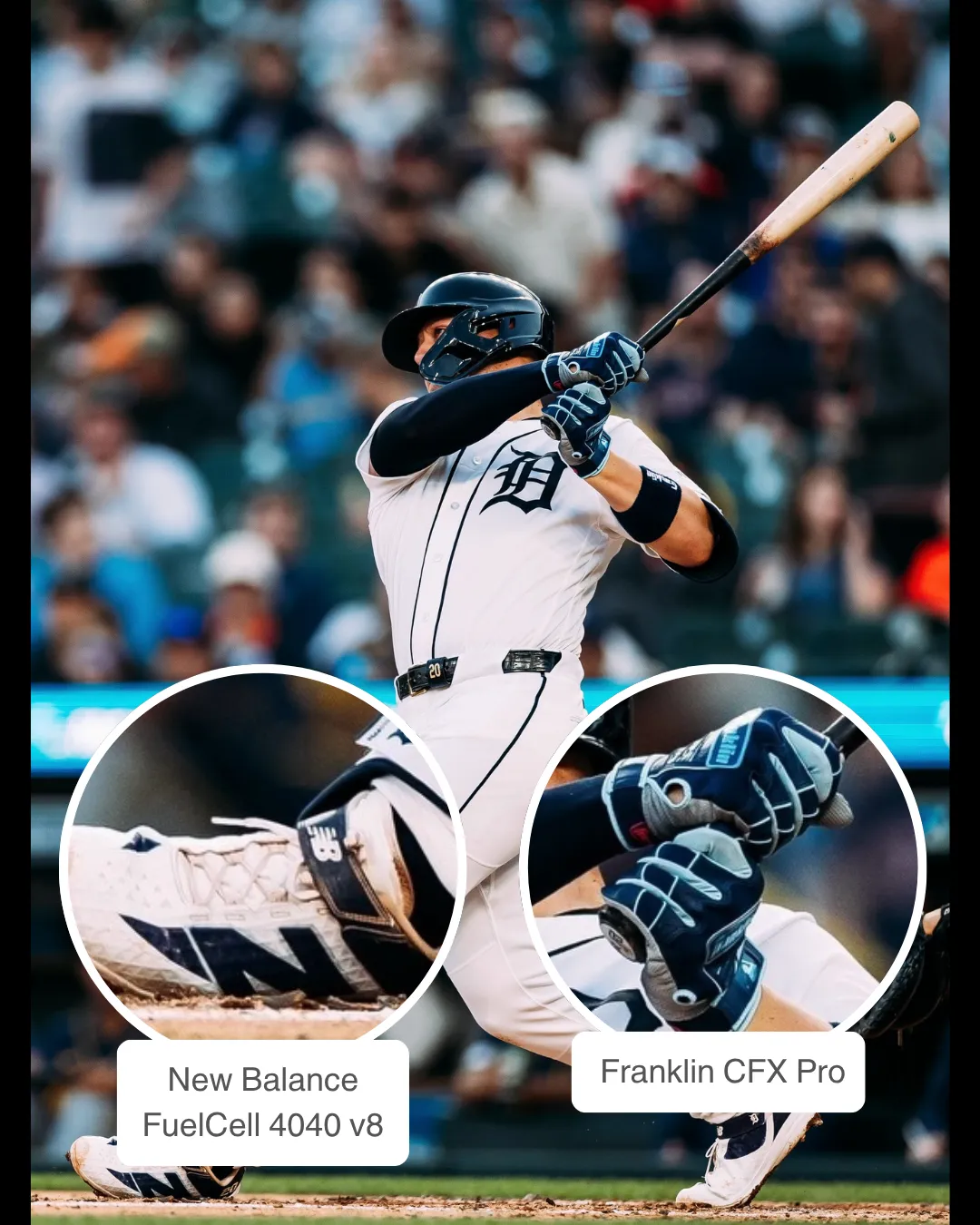 Spencer Torkelson wearing Franklin batting gloves and New Balance cleats
