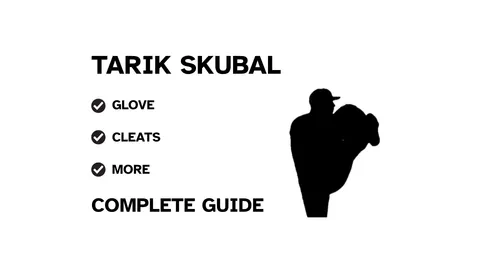 A graphic for the complete guide to Tarik Skubal's baseball gear, featuring his name, a silhouette of him pitching, and a checklist including his glove and cleats.