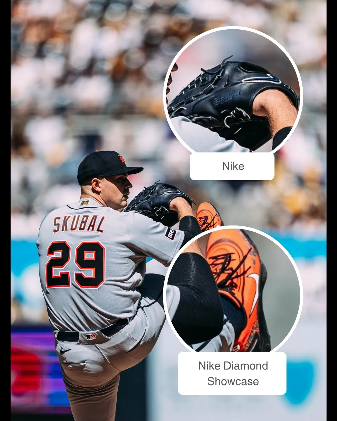 Tarik Skubal showcasing his Nike Glove and Nike Diamond Showcase Cleats