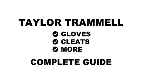 A graphic for the complete guide to Taylor Trammell's baseball gear, featuring his name, a silhouette, and a checklist including his batting gloves, glove, and cleats.