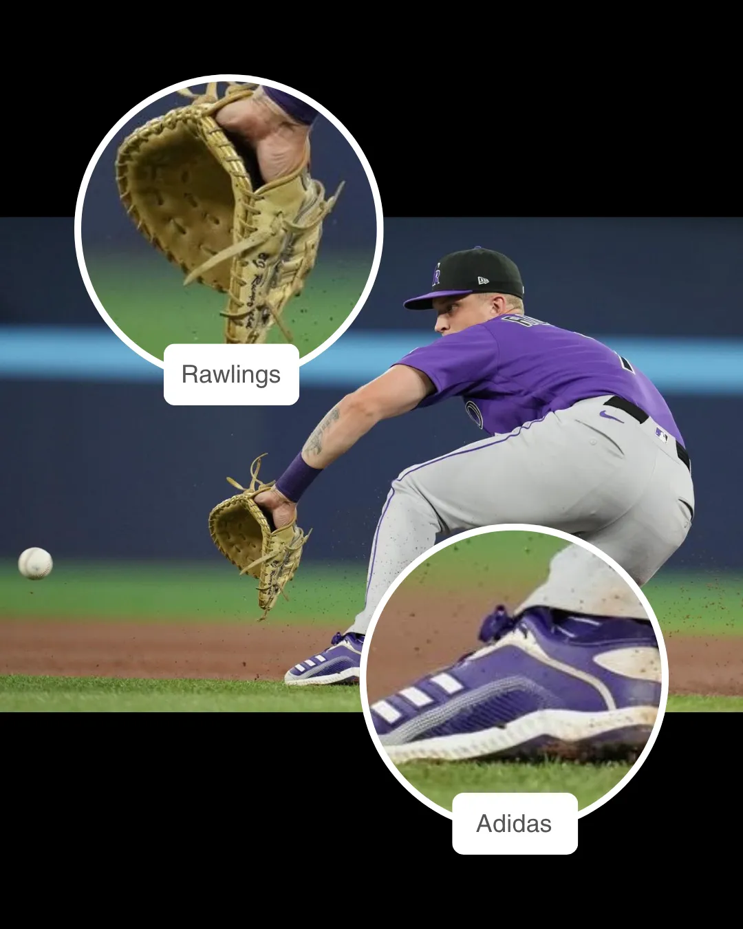 TJ Rumfield showcasing his Rawlings glove and Adidas cleats