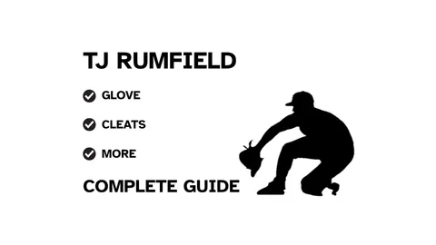 A graphic for the complete guide to TJ Rumfield's baseball gear, featuring his name, a silhouette of him batting, and a checklist including his glove and cleats.