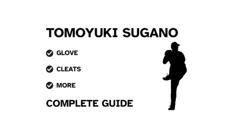 A graphic for the complete guide to Tomoyuki Sugano's baseball gear, featuring his name, a silhouette of him pitching, and a checklist including his glove and cleats.