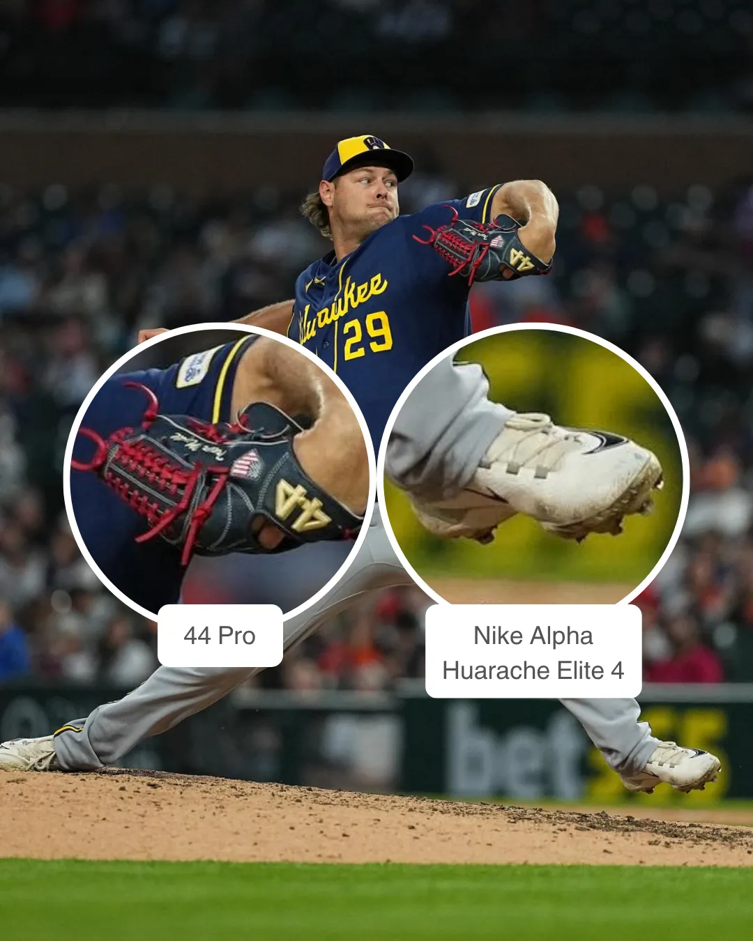 Trevor Megill showcasing his 44 Pro glove and Nike cleats