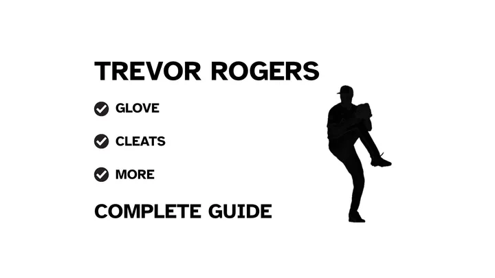A graphic for the complete guide to Trevor Rogers's baseball gear, featuring his name, a silhouette of him pitching, and a checklist including his glove and cleats.