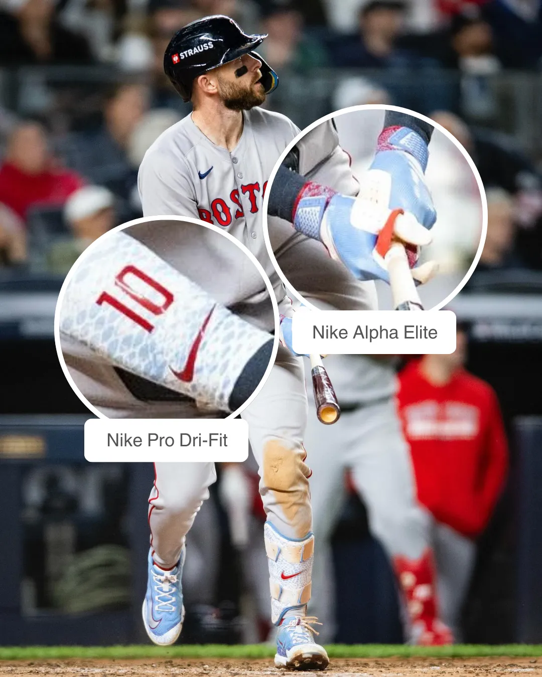 Trevor Story wearing Nike batting gloves, elbow guard and leg guard.