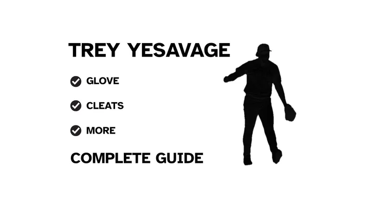 A graphic for the complete guide to Trey Yesavage's baseball gear, featuring his name, a silhouette of him pitching, and a checklist including his glove and cleats.