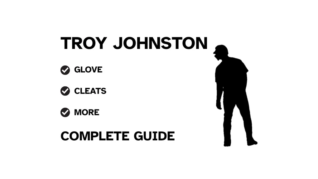 A graphic for the complete guide to Troy Johnston's baseball gear, featuring his name, a silhouette of him batting, and a checklist including his batting glove and leg guard.