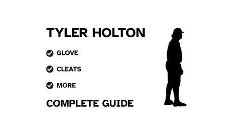 A graphic for the complete guide to Tyler Holton's baseball gear, featuring his name, a silhouette of him pitching, and a checklist including his glove and cleats.