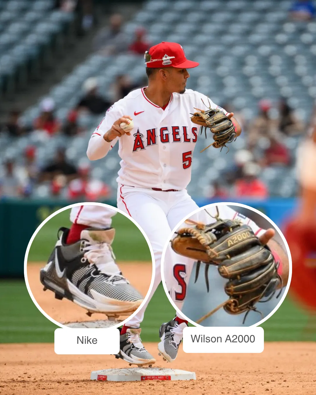 Vaughn Grissom showcasing his Nike cleats and Wilson A2000 glove