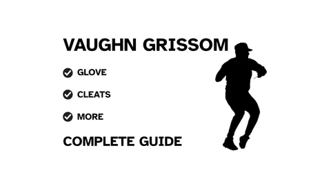 A graphic for the complete guide to Vaughn Grissom's baseball gear, featuring his name, a silhouette of him batting, and a checklist including his glove and cleats.