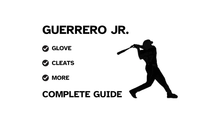 A graphic for the complete guide to Vladimir Guerrero Jr.'s baseball gear, featuring his name, a silhouette of him batting, and a checklist including his glove and cleats.