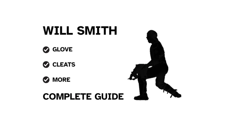A graphic for the complete guide to Will Smith's baseball gear, featuring his name, a silhouette of him batting, and a checklist including his glove and cleats.