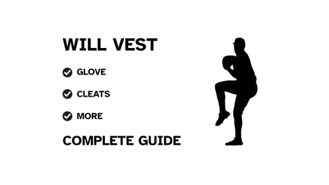 A graphic for the complete guide to Will Vest's baseball gear, featuring his name, a silhouette of him pitching, and a checklist including his glove and cleats.