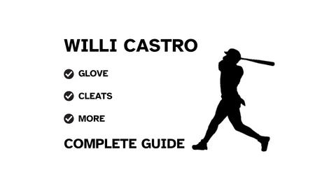 A graphic for the complete guide to Willi Castro's baseball gear, featuring his name, a silhouette, and a checklist including his bat, knee guard, belt, glove, and cleats.