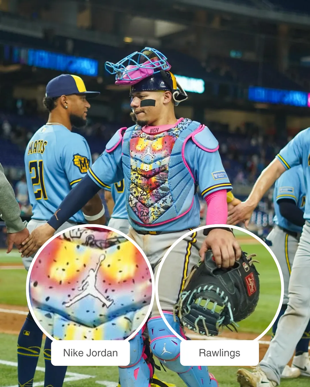 William Contreras showcasing his rawlings mitt and jordan 11 cleats