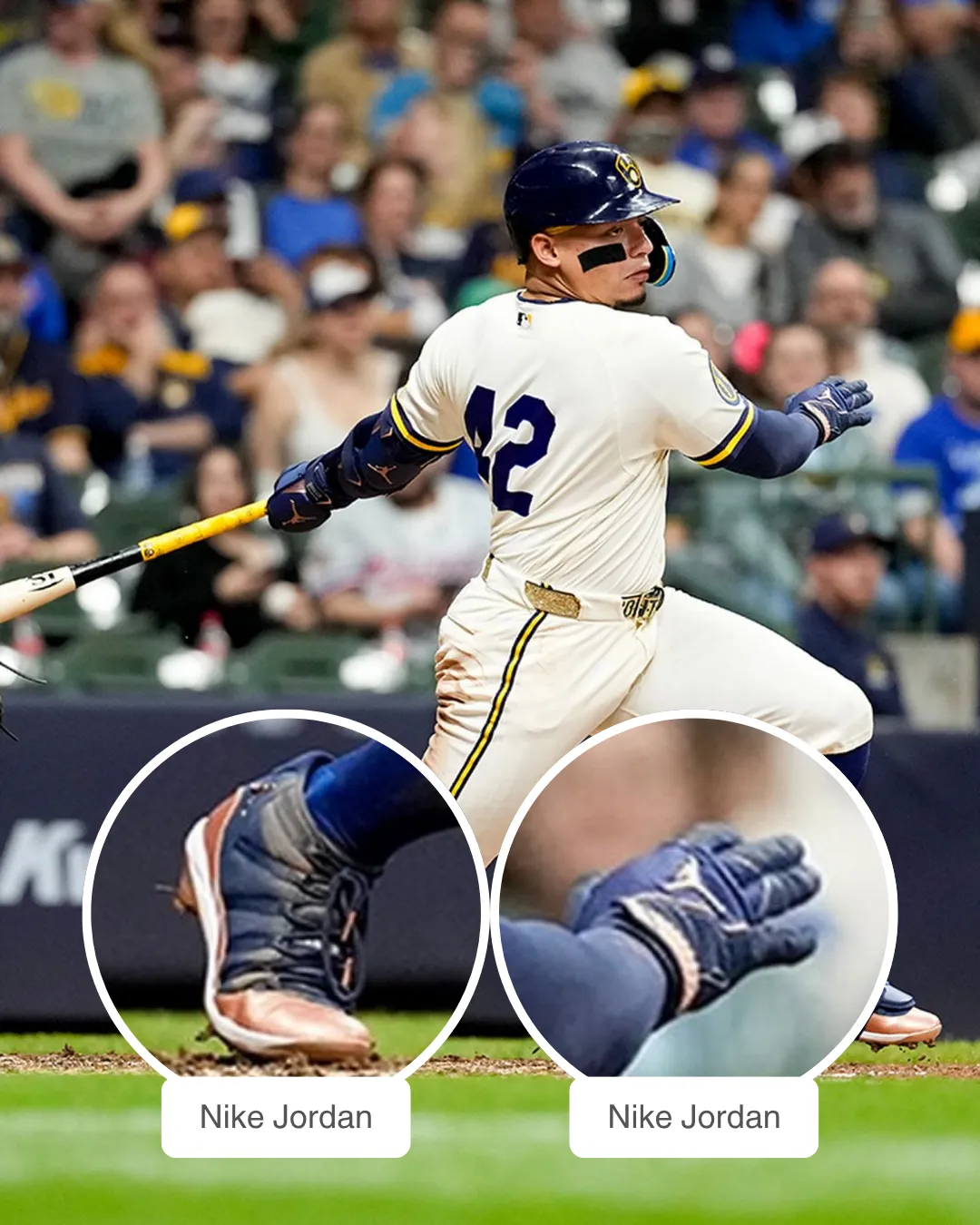 William Contreras showcasing his Louisville Slugger Bat and Jordan 11 Cleats