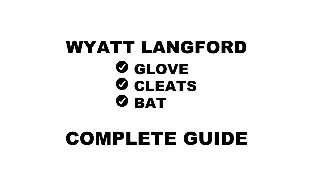 A graphic for the complete guide to Wyatt Langford's baseball gear, featuring his name, a silhouette, and a checklist including his Wilson A2000 glove, cleats, batting gloves, and bat.