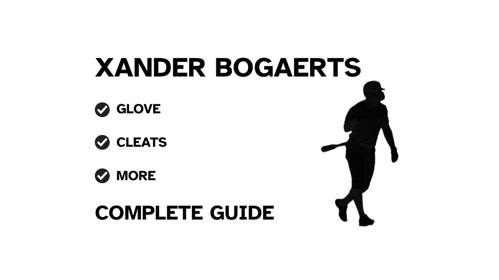 A graphic for the complete guide to Xander Bogaerts's baseball gear, featuring his name, a silhouette of him batting, and a checklist including his glove and cleats.