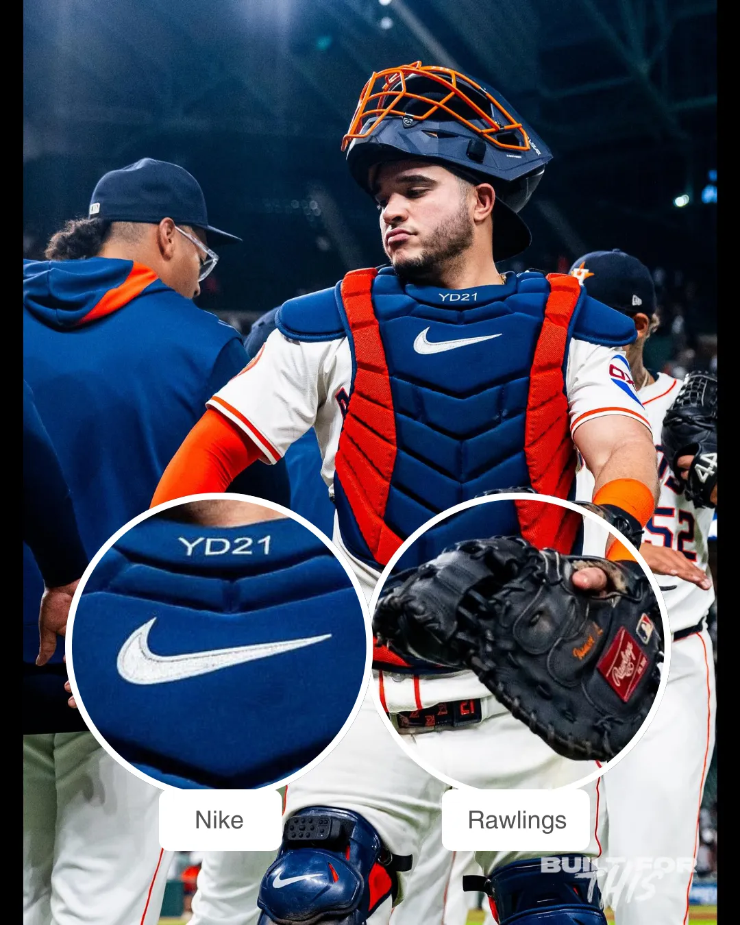 Yainer Diaz showcasing his Rawlings catcher's mitt, Nike chest protector and leg guards