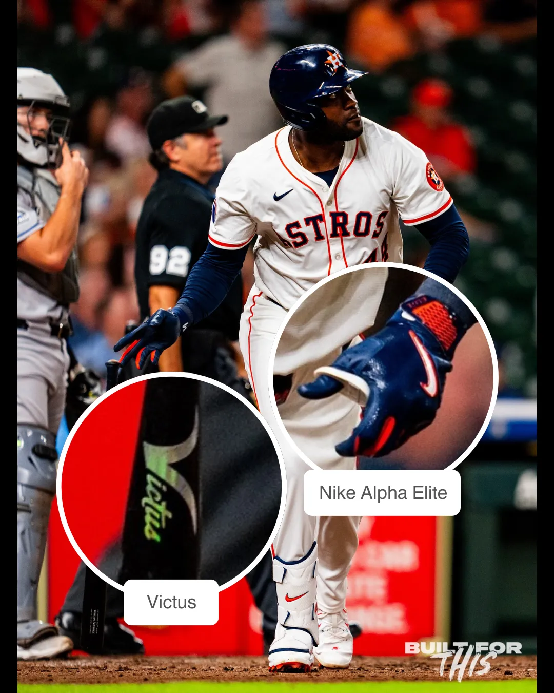 Yordan Alvarez showcasing his Nike Alpha Elite batting gloves, Nike cleats, Nike leg guard and Victus Bat