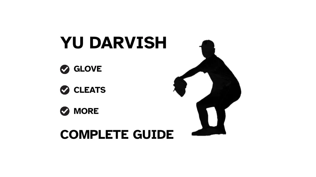 A graphic for the complete guide to Yu Darvish's baseball gear, featuring his name, a silhouette of him pitching, and a checklist including his glove and cleats.