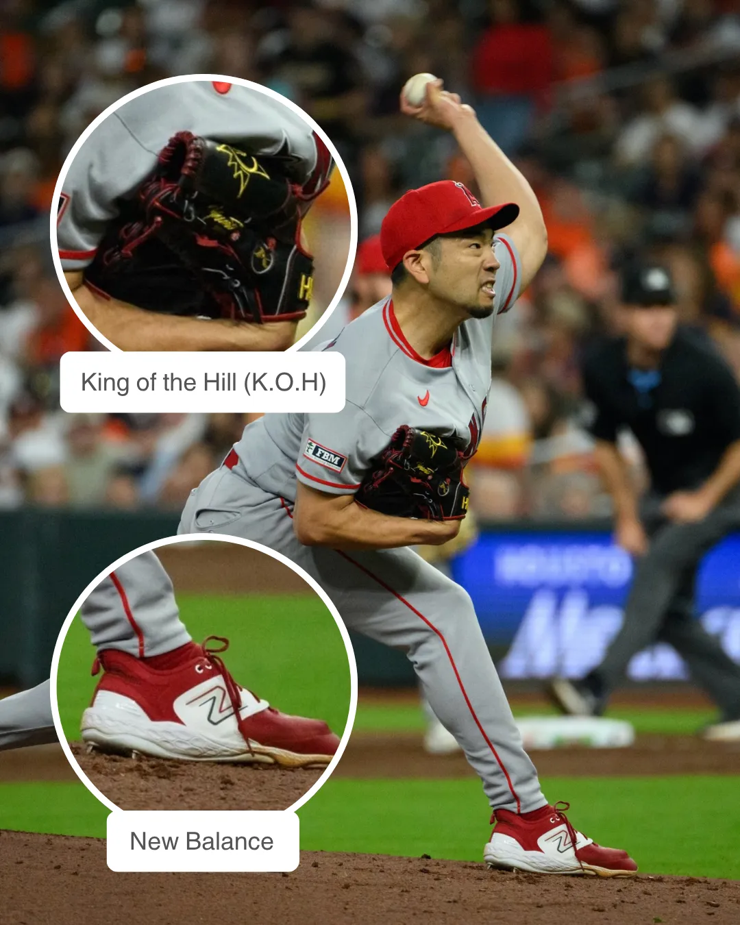 Yusei Kikuchi showcasing his King of the Hill (K.O.H) glove and New Balance cleats