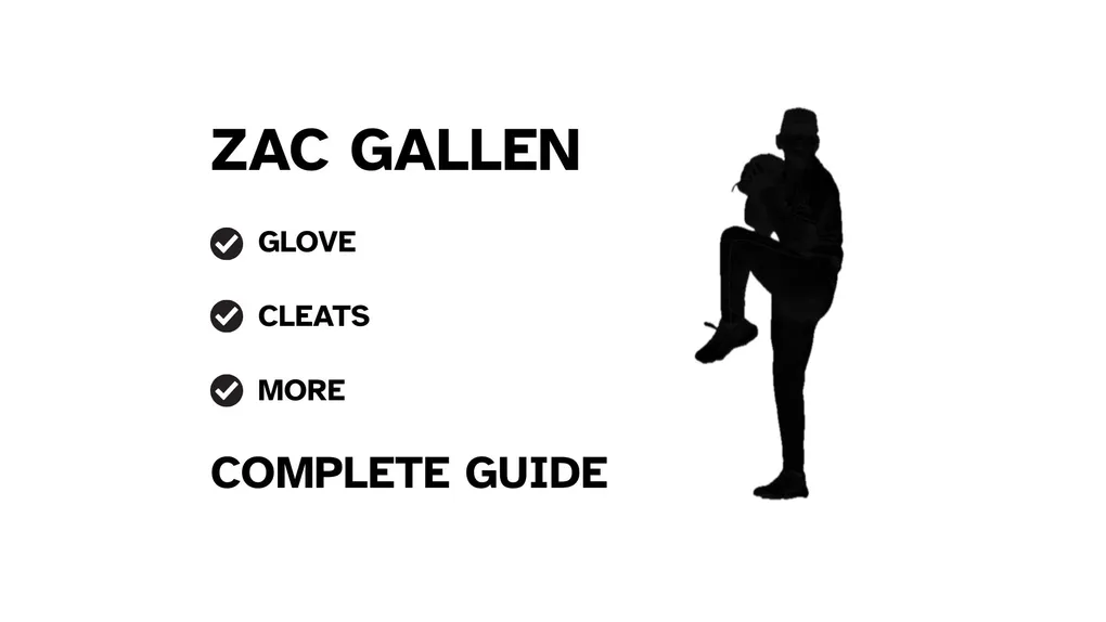 A graphic for the complete guide to Zac Gallen's baseball gear, featuring his name, a silhouette of him pitching, and a checklist including his glove and cleats.
