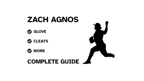 A graphic for the complete guide to Zach Agnos's baseball gear, featuring his name, a silhouette, and a checklist including his glove and cleats.