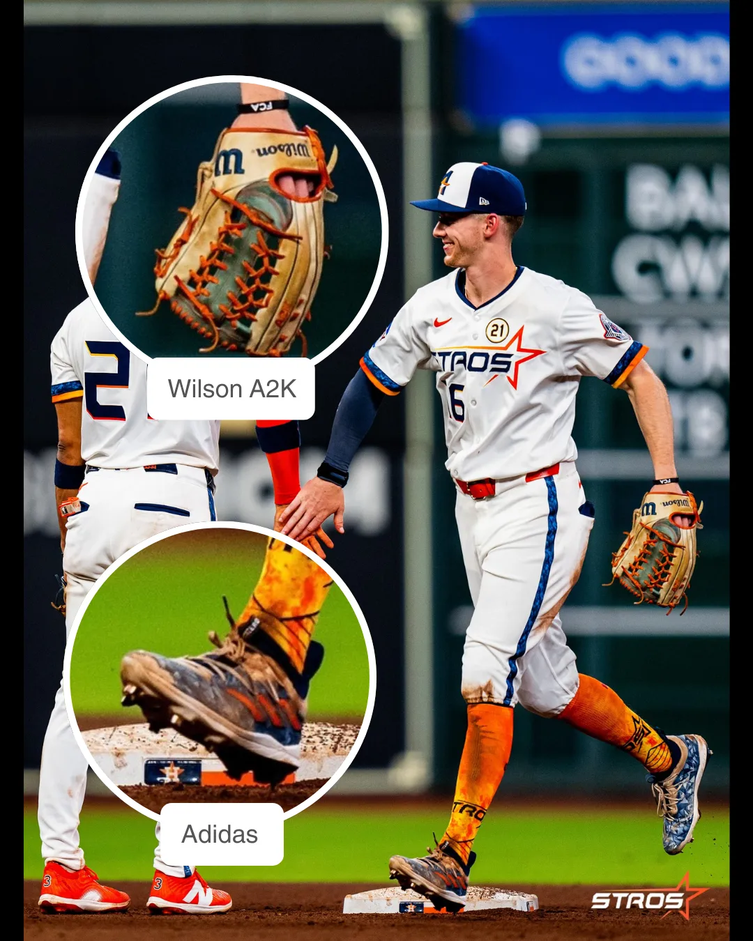 Zach Cole showcasing his Adidas cleats and Wilson A2K glove
