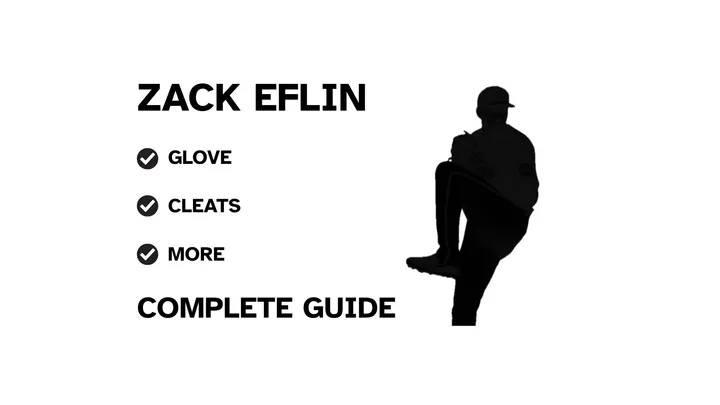 A graphic for the complete guide to Zach Eflin's baseball gear, featuring his name, a silhouette of him pitching, and a checklist including his glove and cleats.