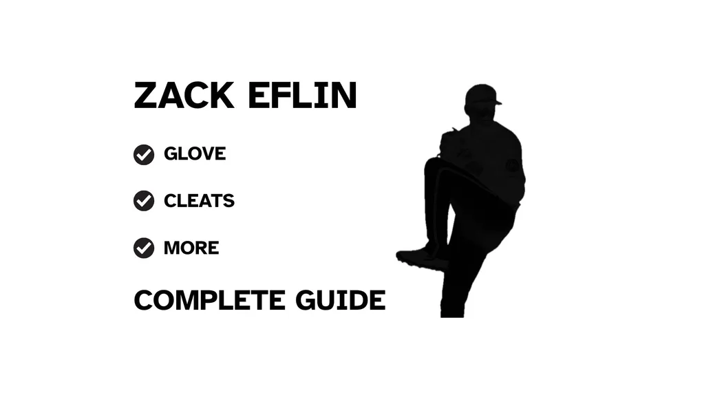 A graphic for the complete guide to Zach Eflin's baseball gear, featuring his name, a silhouette of him pitching, and a checklist including his glove and cleats.