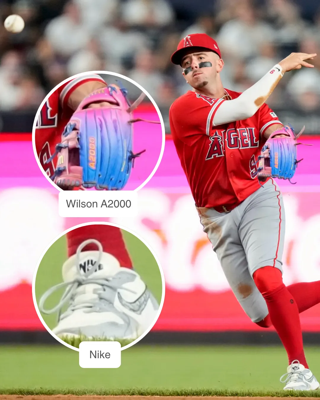Zach Neto showcasing his Wilson A2000 ZN9 GM glove and Nike cleats