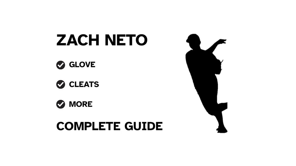 A graphic for the complete guide to Zach Neto's baseball gear, featuring his name, a silhouette of him batting, and a checklist including his glove and cleats.