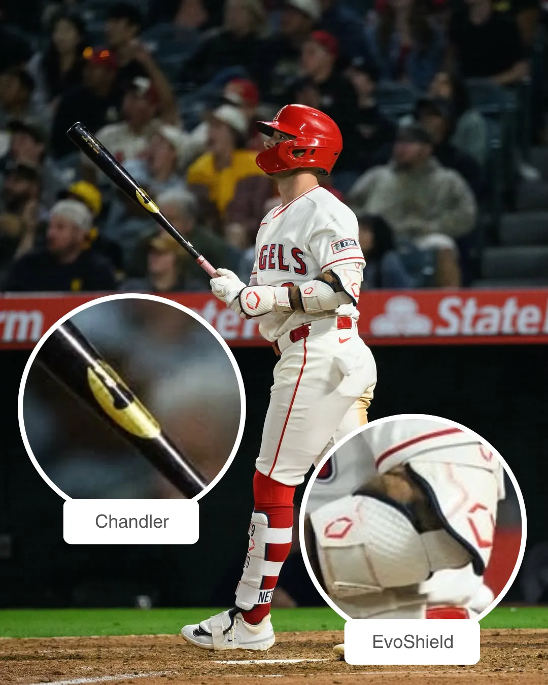 Zach Neto showcasing his Nike batting gloves and Chandler bat