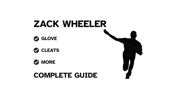 A graphic for the complete guide to Zack Wheeler's baseball gear, featuring his name, a silhouette of him pitching, and a checklist including his glove and cleats.